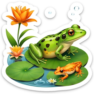 Icon for Amphibians: A colorful collage featuring a frog sitting on a lily pad, a salamander crawling on the ground and a newt swimming in water. The background features lily flowers and a calm pond setting. Transparent background. sticker