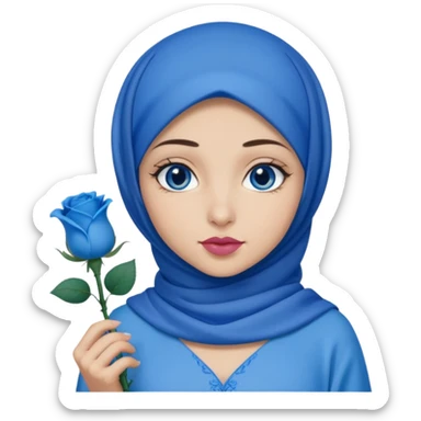 Turkish beautiful finish Konya girl blue eyes with blue hijab islamic dress and had on her hand blue rose lipstick sticker