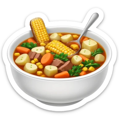 caldo de res in a bowl, beef soup with vegetables like corn, carrots, and potatoes, colorful sticker