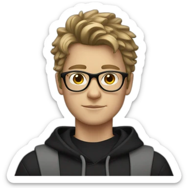 White boy wearing glasses in a black hoodies with wavey hair sticker