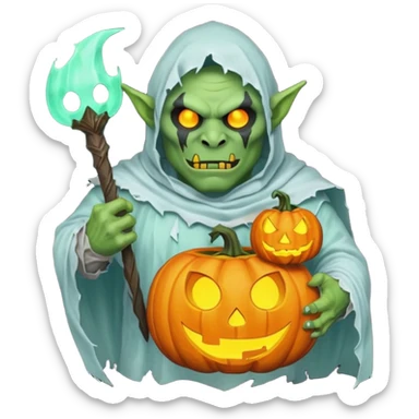 male orc warrior ghost emoji, green skin, tusks, wearing torn white ghost sheet costume, holding glowing jack-o'-lantern, faint blue aura, friendly but spooky expression, Halloween fantasy theme, Apple emoji style, clean white background, square sticker