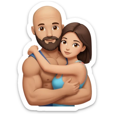 Muscular Bald man with a beard hugging his young hot brunette wife sticker