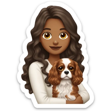 Pretty brunette long wavy hair girl, holding a cute cavalier King Charles spaniel dog with short ears wavy fur sticker