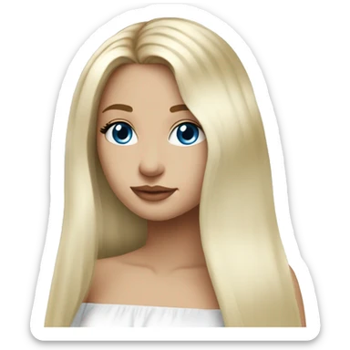 blonde long straight hair girl, ocean blue eyes, white off the shoulder top, sticker