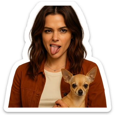 Create a portrait of a woman inspired by the facial features visible in the reference images. She has a tanned complexion with subtle freckles, wearing a shirt in color #FFF8CA and a rust-colored jacket. Her hair is medium-length brown with auburn highlights. She has a rebellious and playful expression. She is holding a beige-brown chihuahua. The style should resemble a Netflix series look. The background should be transparent. sticker