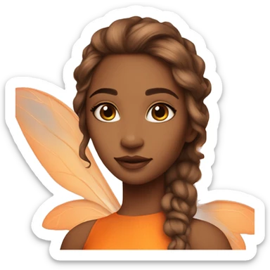 Beautiful, leaf, fairy,beautiful makeup, orange shadows ,light skin, orange outfit , long brown hair, big wings sticker