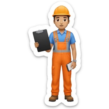 Indian male railway engineer orange overalls, boots holding a clipboard facing backwards sticker