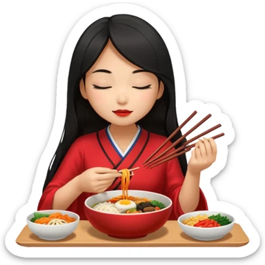 Girl with black long hair with red dress eat bibimbap close eyes chopstick sticker