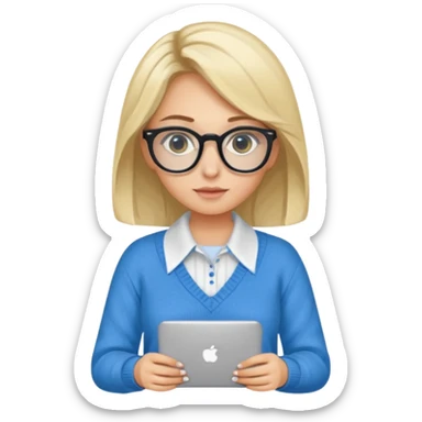 ragazza bionda vestita con camicia e maglione, con occhiali, occhi azzurri che è seduta al pc portatile sticker