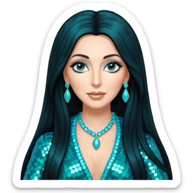 Cher, Goddess of Pop from Famous People with long jet black hair, turquoise sequin outfit sticker