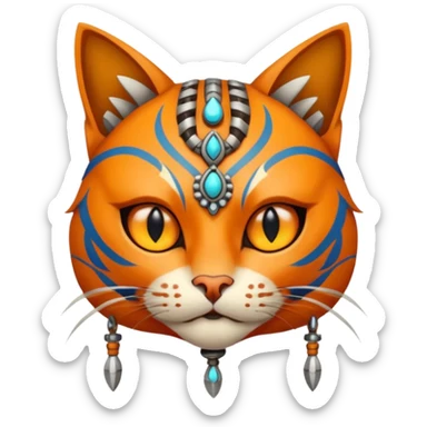 cat, wear tribal shaman cloth, half face cyberborg sticker