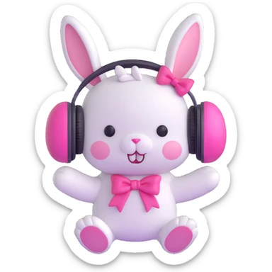 Turn this cute bunny with headphones into an iOS 18 style 3D emoji model. Keep the pastel colors, plush texture, and add a glossy, modern 3D look like Apple's latest emoji style. Preserve the headphones, pink bows, and sticker details. sticker