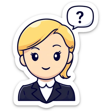 blonde haired white woman in a black formal suit with a white speech bubble containing a black question mark next to her head sticker