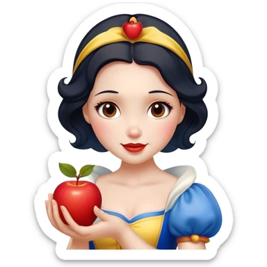 Cinematic Realistic Snow White Portrait, depicted with lifelike skin texture, soft natural lighting, and intricately detailed black hair styled with a red ribbon. Her soft brown eyes radiate innocence and kindness, complemented by a warm, gentle smile. She holds an apple in one hand, her other hand resting against her cheek, embodying her purity and charm. She is dressed in her classic yellow, blue, and red gown, the fabric rich in texture with delicate folds that catch the light beautifully. The portrait features a soft, natural glow with a radiant finish, capturing the essence of timeless beauty in a realistic and painterly style. sticker