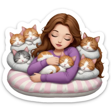 girl with long wavy brown hair, brown eyes, long lashes makeup, sexy pink lips, light to medium complexion,  sleeping on a cozy pillow, with 6 cats: 1 brown and white tabby cat, 1 ginger and white, 2 grey and white, 1 grey has white mittens and small white patch on its chest and 1 calico, sleeping sticker