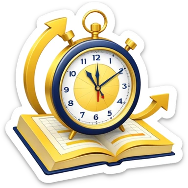 A yellow productivity book with navy blue and gold details, running clock and chart with upward trend aura, radiating productivity, strategy, and success in motion with time and happiness yellow... power in time aura of happiness sticker