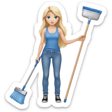 Cinematic realistic blonde with long hair and blue eyes, dressed in jeans and a tank top, holding a mop in her hands sticker