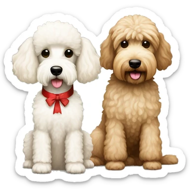 Brown mini poodle cartoon dog with white wheaten terrier dog with beige Christmas present sticker