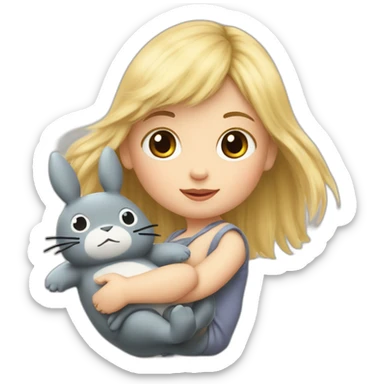bébé fille blonde décoiffée avec une peluche Totoro  sticker