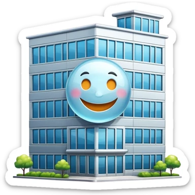 smiling office building with a happy face sticker