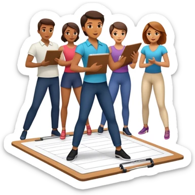 Icon for Choreography: a dance floor with a choreographer holding a clipboard, giving instructions to a group of dancers in motion. The icon should capture the art of movement and direction in dance. Transparent background. sticker