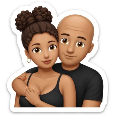 A picture of a tanned couple embracing. the man is a Mexican man with tanned skin, a bald hair cut, short beard and wearing a black shirt. the woman is mixed, with curly brown hair in a messy bun and with big boobs  sticker
