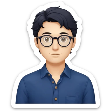 Young caucasian man with slightly longer wavy black hair, round glasses, torso only, wearing dark blue relaxed buttoned-up shirt sticker