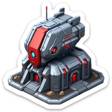 StarCraft-inspired, sci-fi, isometric RTS building with a rugged Terran look: thick metal plating, rivets, subtle wear, and a gunmetal palette plus one accent color sticker