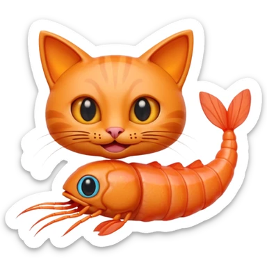 A cute 3D hybrid creature combining a cat and a shrimp, with a cat’s head and a shrimp’s body, bright orange tones, big expressive eyes, smiling face, cartoon style, soft lighting, smooth textures, emoji-like design, high-quality digital illustration. sticker