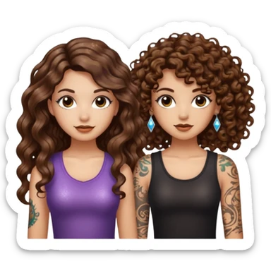 glitter blast — long wavy brown hair tattooed woman and short tight curly brown hair woman — sparkle covered sticker