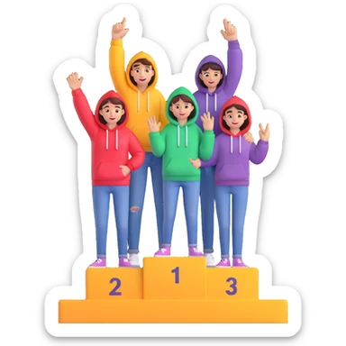 three people in jeans and hoodies on a winners podium labeled 2, 1, 3 left to right, center person on 1 step holding up one finger on each hand, bright, cheerful, expressive, 3D emoji illustration sticker