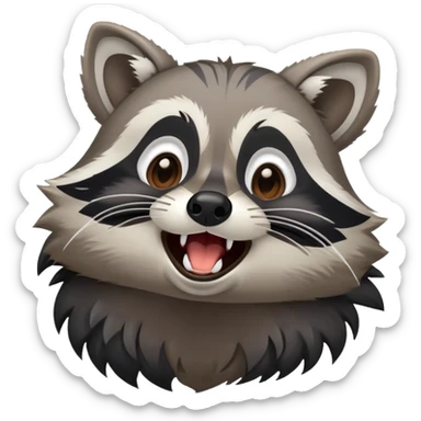 Cinematic-Cute-Yawning-Raccoon-Portrait-Emoji – Head tilted slightly with a dramatic, wide-open yawn, revealing a soft grey and black fur with a striped bushy tail, round brown eyes barely open in drowsy curiosity zoome out to show shoulders sticker