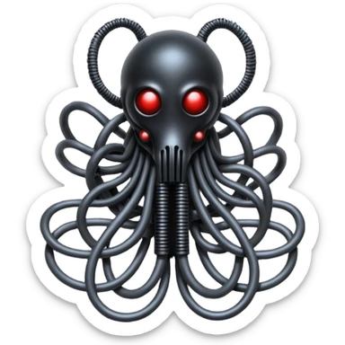 network of dark black wires and tubes forming a surreal creature, wrapped in black rags and bondage, Giger-inspired sticker