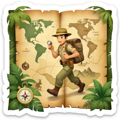 A vintage movie poster-style collage. Include action-packed elements like a treasure map, jungle scenes, a rugged explorer with a compass and a speeding jeep. Add a shadowy figure resembling close-up Mark Wahlberg in adventurous gear. Jungle background. Transparent background. sticker