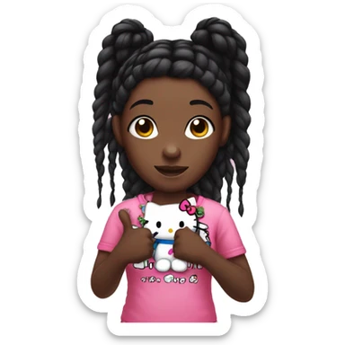 A dark skin girl with black braids and a hello kitty shirt holding a thumbs ip sticker