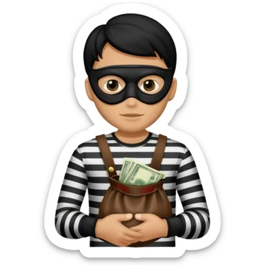 Crea un ladrón con un sombrero de delincuente y un saco de dinero, el ladrón tiene una camisa de rayas negras y blancas y el rostro un antifaz color negro. sticker