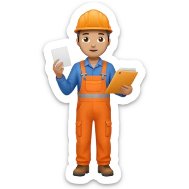 railway engineer full body in orange overalls, carrying a piece of paper in front of him sticker