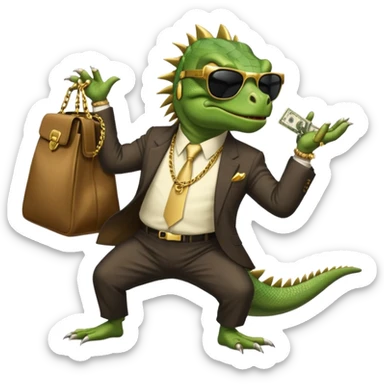 capitalist iguana banker godfather with black sunglasses breakdance with bag sticker