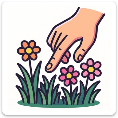 a hand reaching down to touch green grass and blooming flowers, flat 3D icon, vibrant neon palette, white background sticker