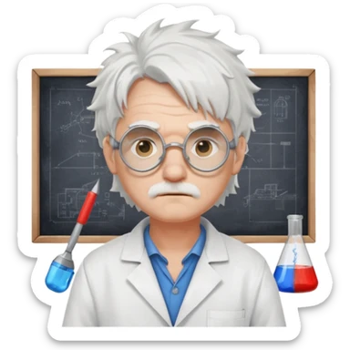 Portrait of an eccentric inventor with messy white hair, round goggles on forehead, sad face , wearing a slightly burnt lab coat, background of workshop with blueprints and tools sticker