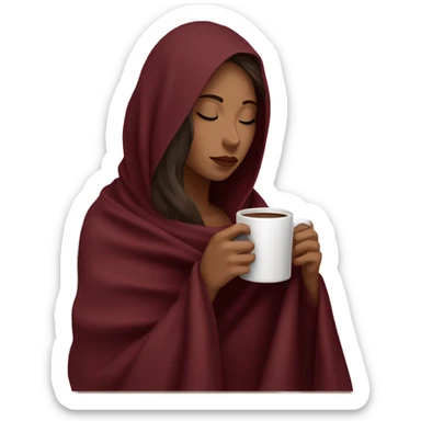 Brunette girl inside a maroon blanket sipping coffee eyes closed sticker