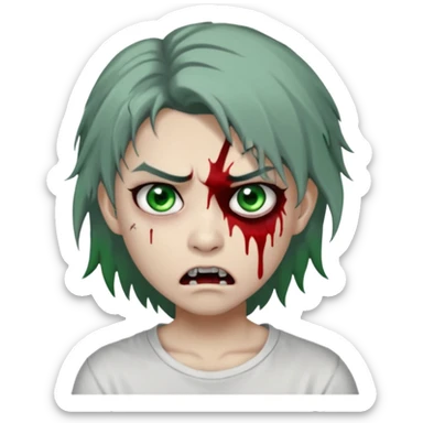 3D emoji-style avatar with grey zombie skin, dark brown hair, a young Asian face, and large green eyes with blood tears. Give it white litle bit messy middle hair style , silver hoop earrings, and a plain white T-shirt. The face expression should be slightly angry, with vampire fang sticker