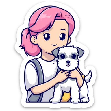 Pink-haired girl holding a white schnauzer dog sticker