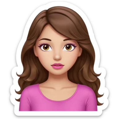girl with long wavy brown hair, brown eyes, light to medium complexion, in a pink sexy top, pink lips, long lashes, silent motion sticker