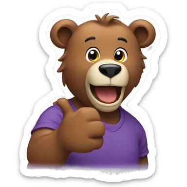 sticker, brown bear, wearing a purple T-shirt, waving his paw and smiling, white outline sticker