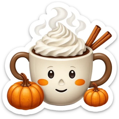 Steaming coffee Mug with whipped Cream and cinnamon Dust on Cream.  Small Punkin and 3 sticks of cinnamon next to mug sticker