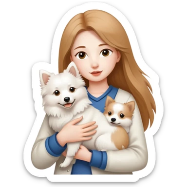 long light brown hair girl with pale skin holding a white Japanese spitz dog in her arms sticker
