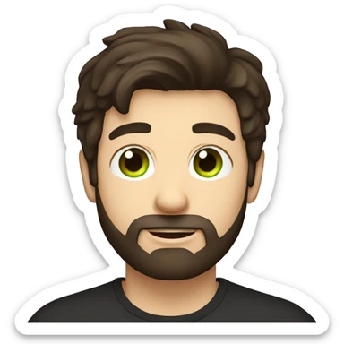Handsome man with dark hair, holding an cup of coffee, gradient short hair on the side, green eyes. Thin face. Black t-shirt. A little beard. sticker