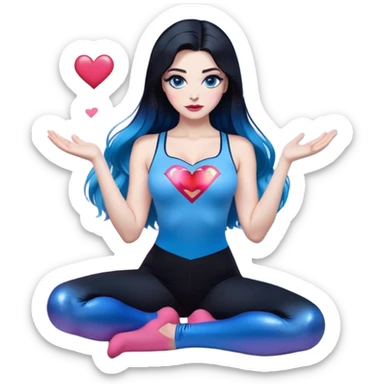 show full body-very very large chest-hands making heart-long legs-stunning beautiful face-black leggings-hands making heart emoji-light pink lips-very long straight-dark-black to blue ombre hair-and-blue-eyes-thick-black-eyeliner-thick-long-eyelashes-sky blue with glitter superman low cut tanktop sticker