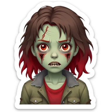 Female zombie with wavy shaggy haircut, hair is dark brown with red ends, light brown eyes, pale skin, slight dark circles under eyes, wearing grunge ripped clothes sticker